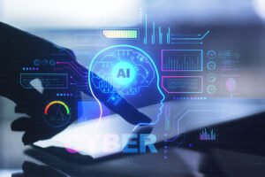 Close up of backlit hand using tablet with abstract glowing AI head interface on blurry background. Artificial intelligence and cyberspace concept. Double exposure.