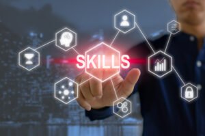Hand businessman touch virtual screen. Skills for personal development and business competence financial investment ideas